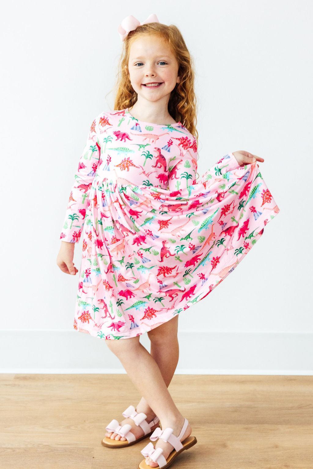 Pinkosaurus Rex Long Sleeve Pocket Twirl Dress