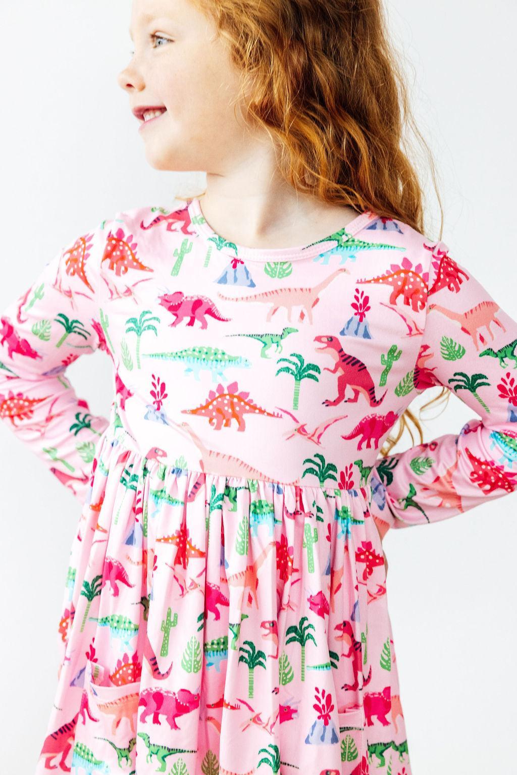 Pinkosaurus Rex Long Sleeve Pocket Twirl Dress