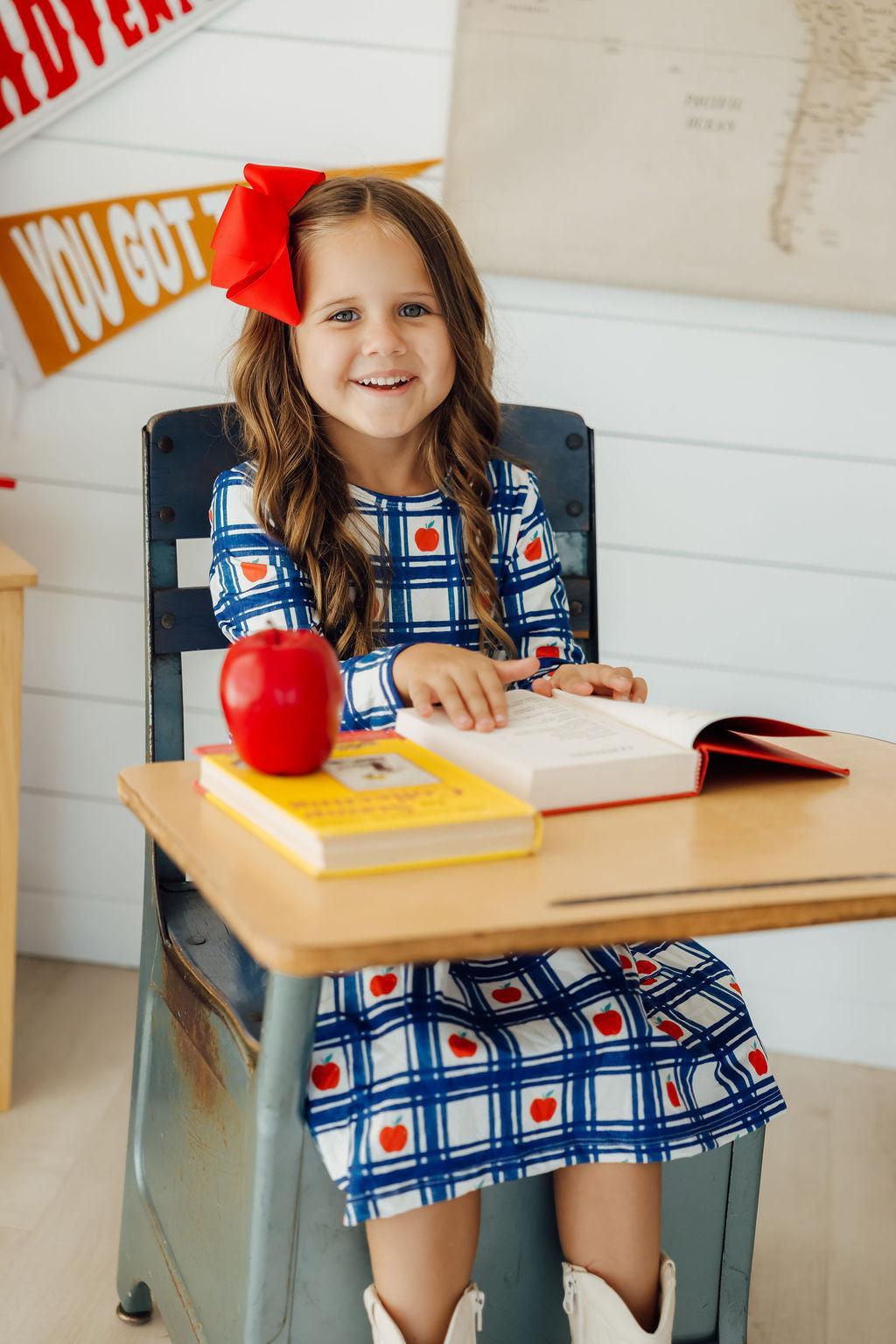 Plaid Apples Long Sleeve Pocket Twirl Dress