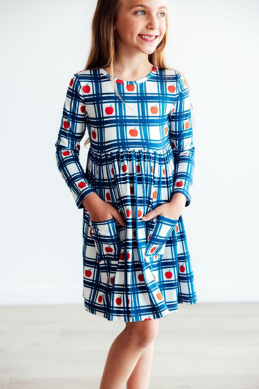 Plaid Apples Long Sleeve Pocket Twirl Dress