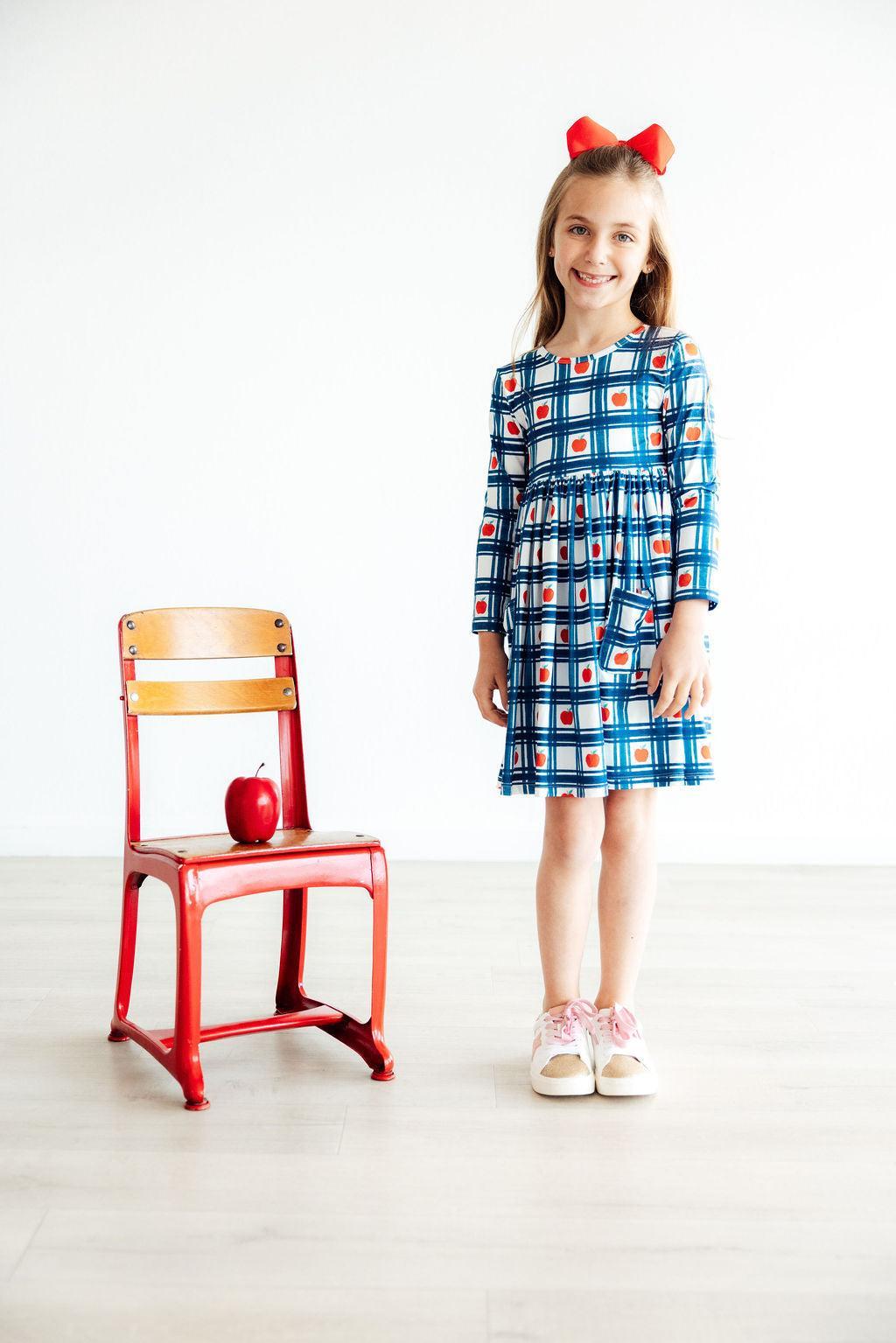 Plaid Apples Long Sleeve Pocket Twirl Dress