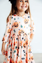 Pumpkin Peekaboo 3/4 Sleeve Pocket Twirl Dress