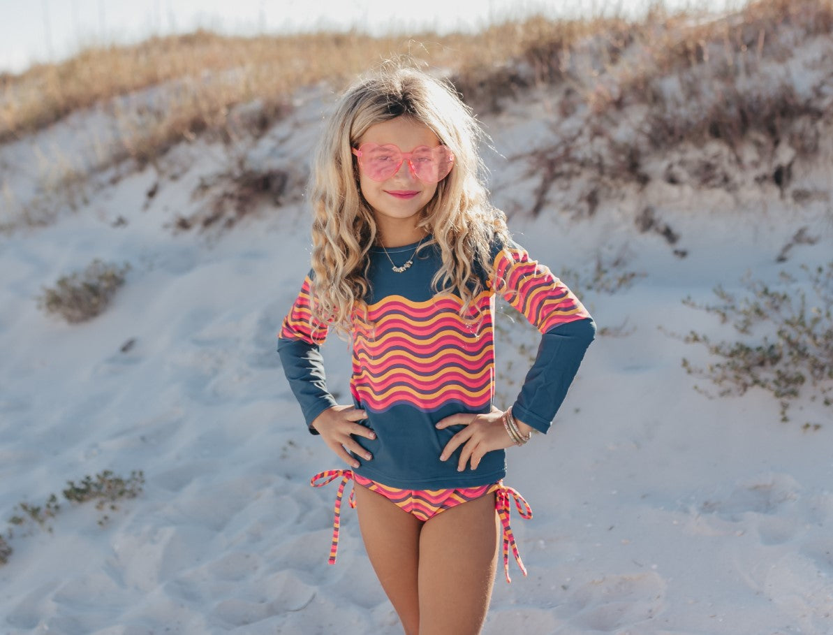 Emily Navy Wave Long Sleeve Rash Guard Swimsuit