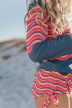 Emily Navy Wave Long Sleeve Rash Guard Swimsuit