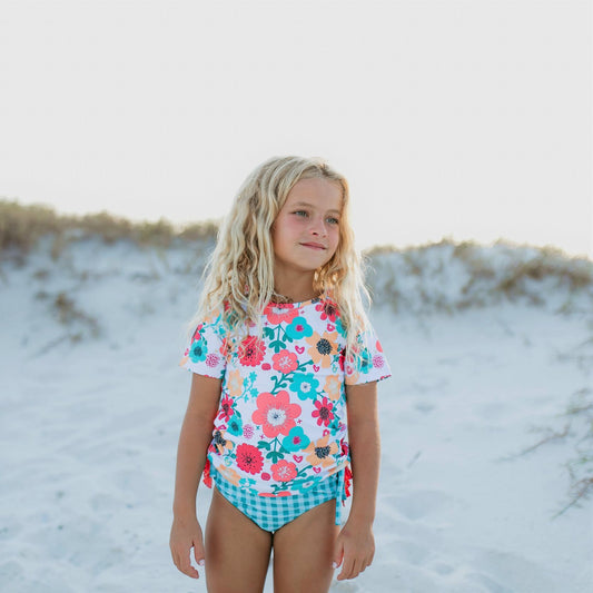 Teal Gingham Floral Rashguard Swimsuit