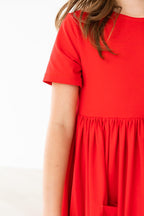 Red Short Sleeve Pocket Twirl Dress