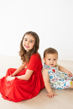 Red Short Sleeve Pocket Twirl Dress