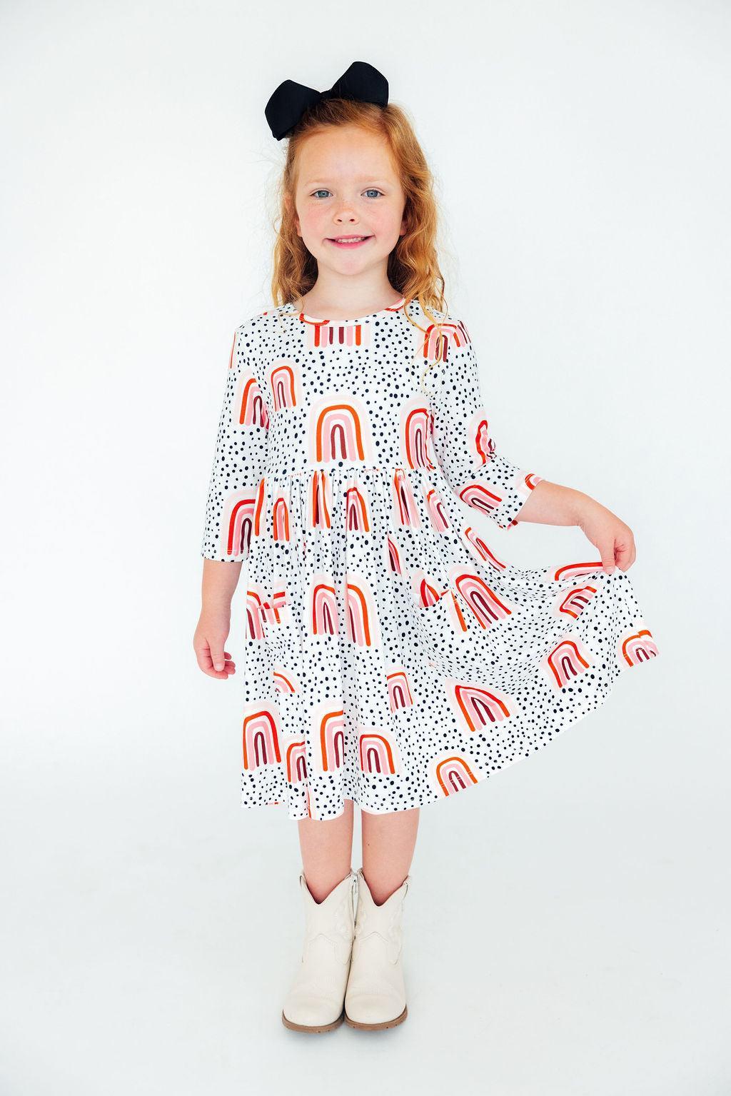 Girls Peach Rainbow Twirl Dress with Pockets
