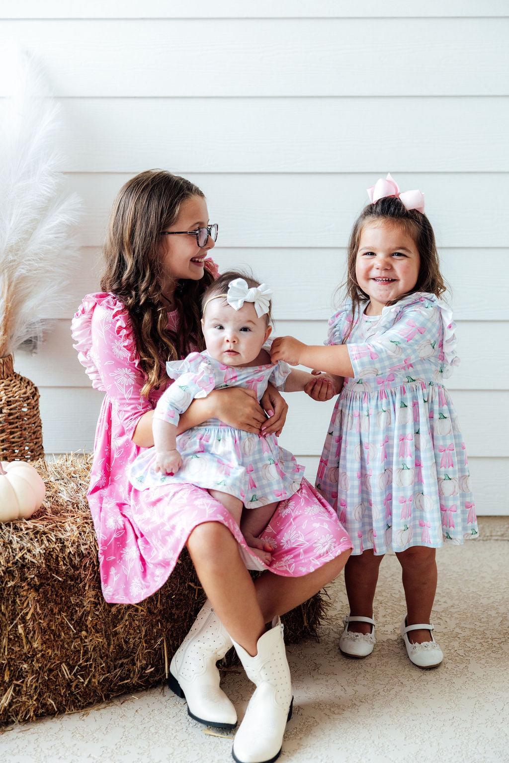 Pumpkin Picnic 3/4 Sleeve Ruffle Twirl Dress