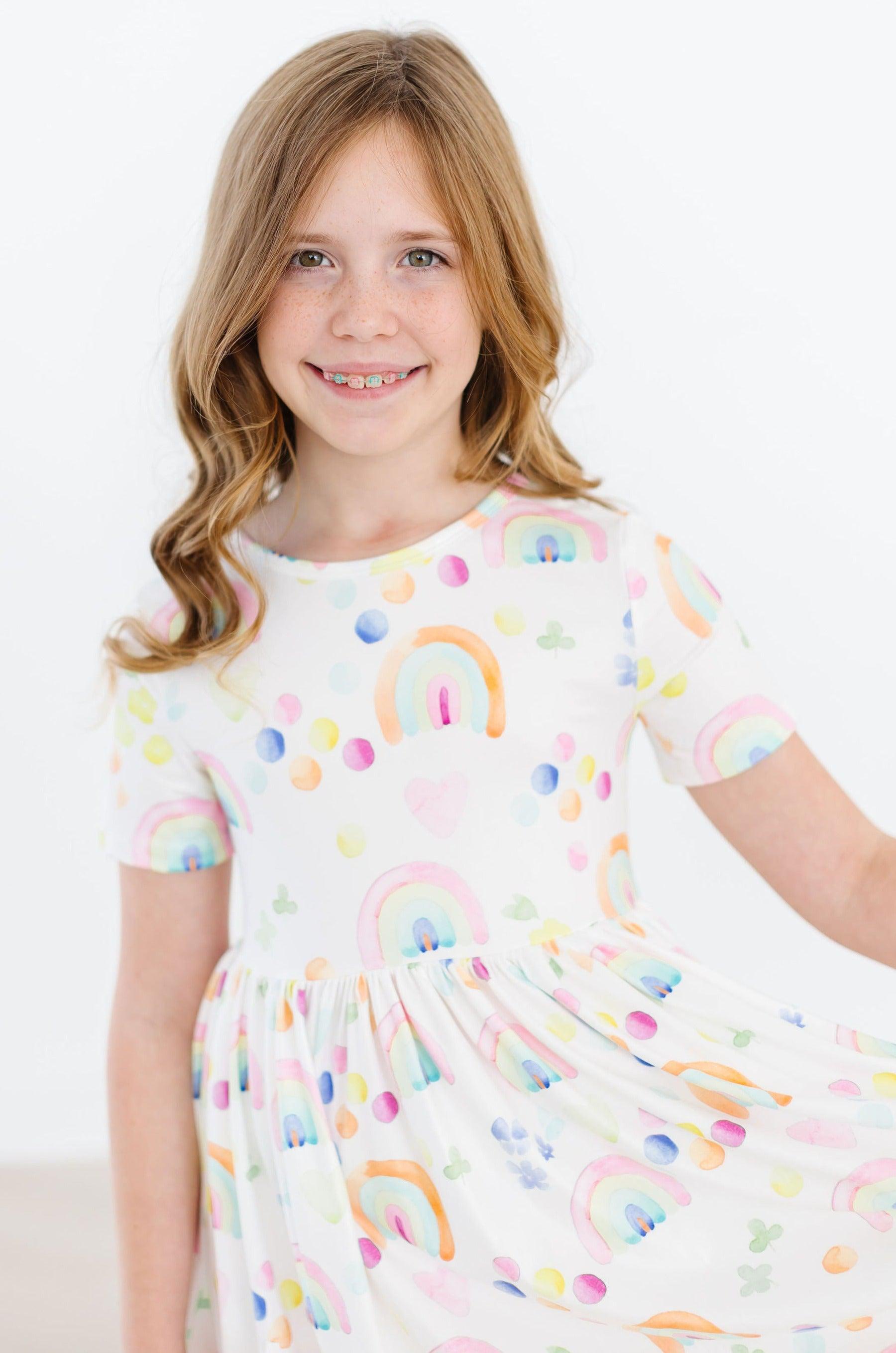 Watercolor Rainbows Short Sleeve Pocket Twirl Dress