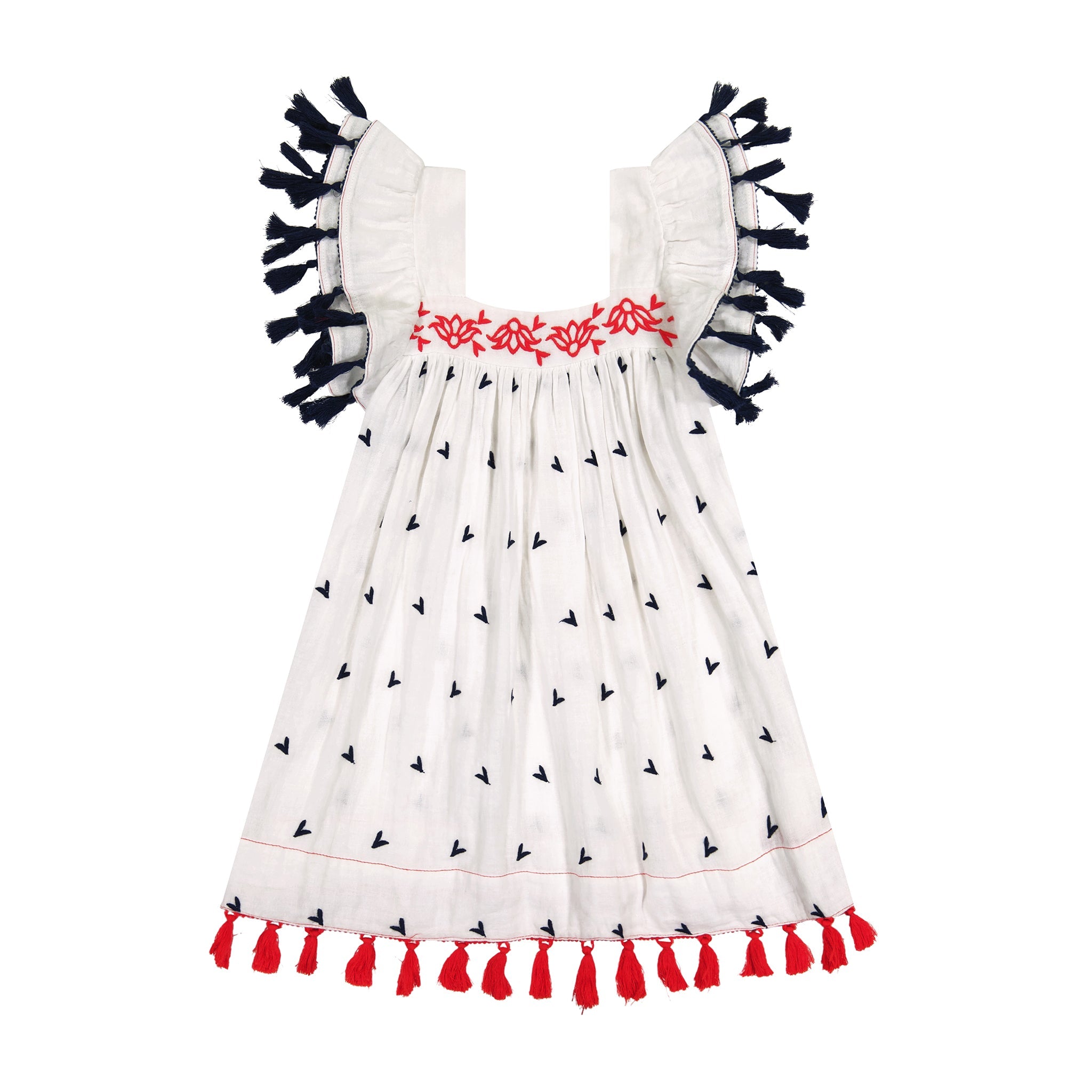 Serena Girls Tassel Dress Red White Navy Embroidery