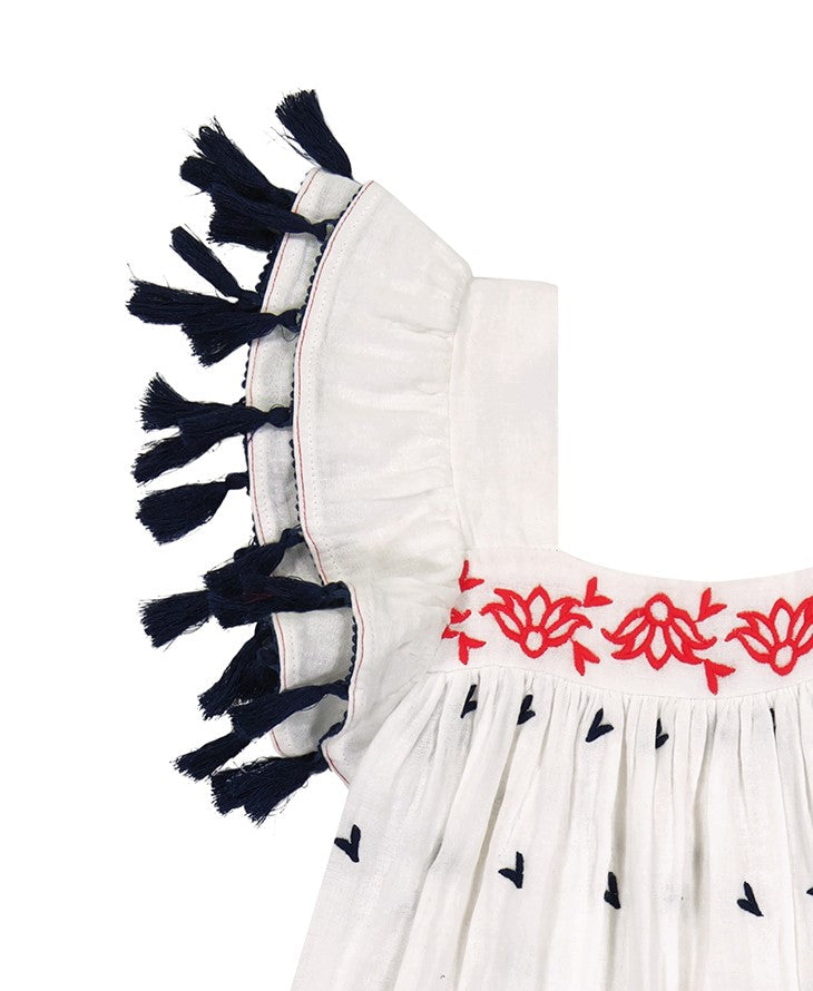 Serena Girls Tassel Dress Red White Navy Embroidery