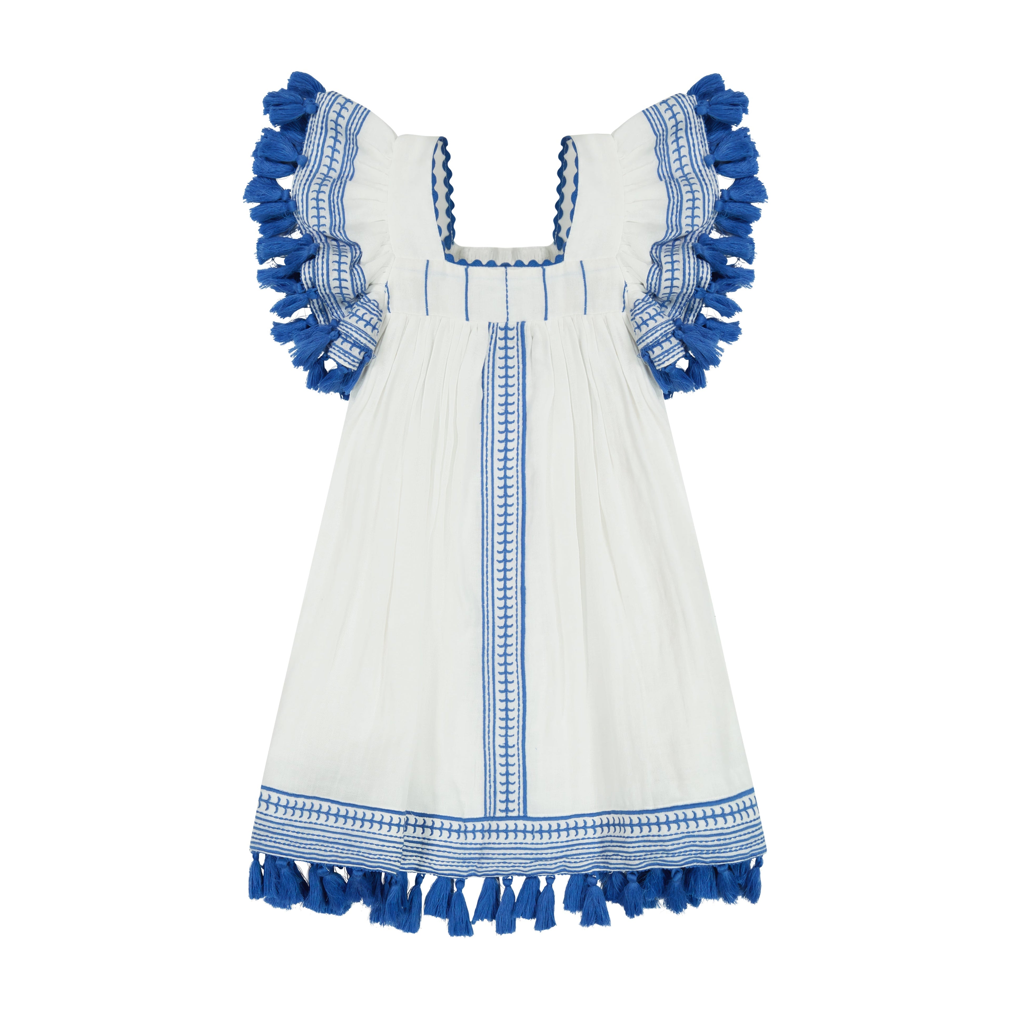 Serena Girls' Tassel Dress White Lapis Blue Embroidery