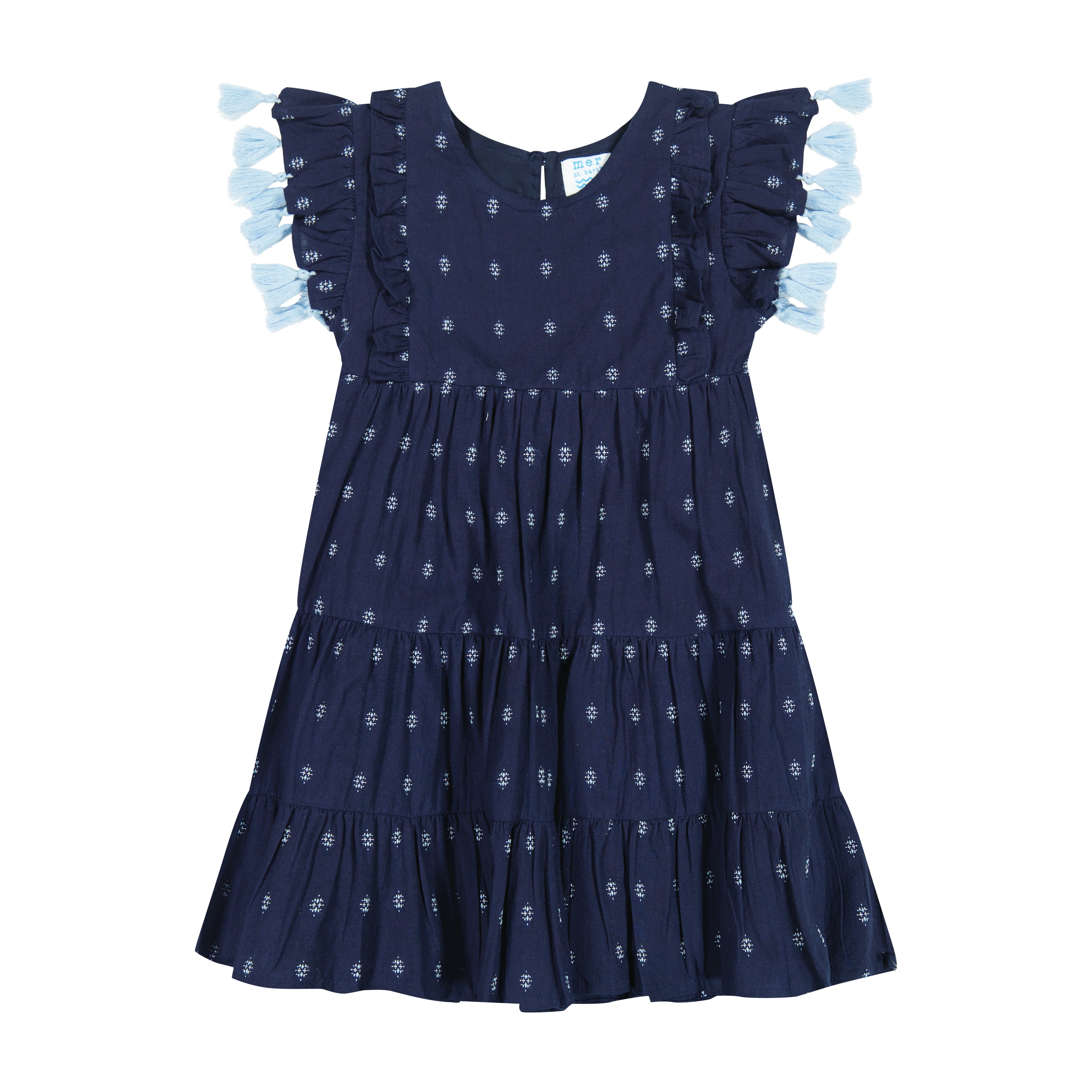 Sophie Girl's Tassel Dress Navy Turquoise Swiss Dot