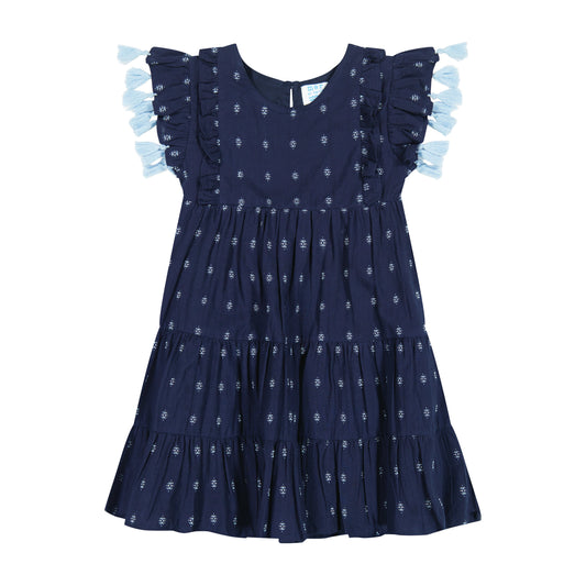 Sophie Girls' Tassel Dress Navy Turquoise Swiss Dot