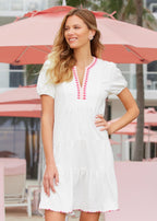 White Embroidered Short Sleeve Tiered Dress
