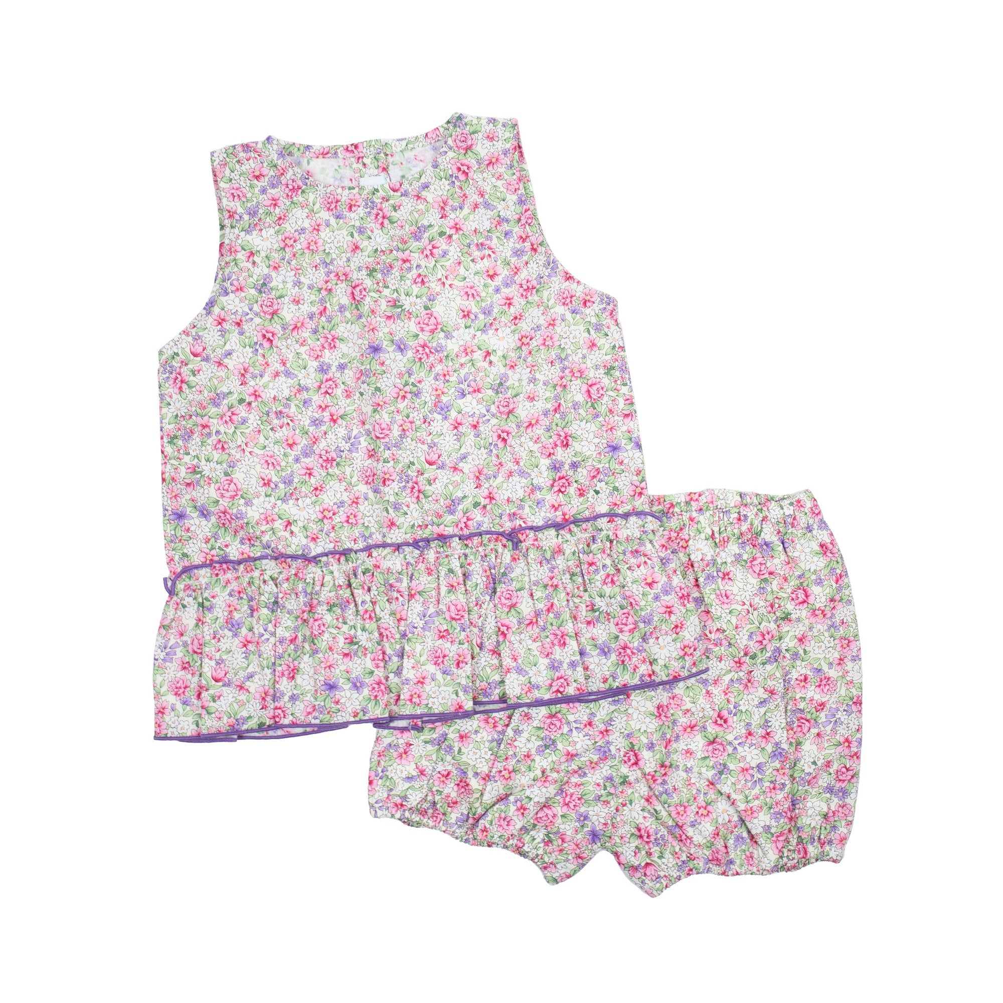 Girls Floral Short Set – Peplum Top with Lilac Trim