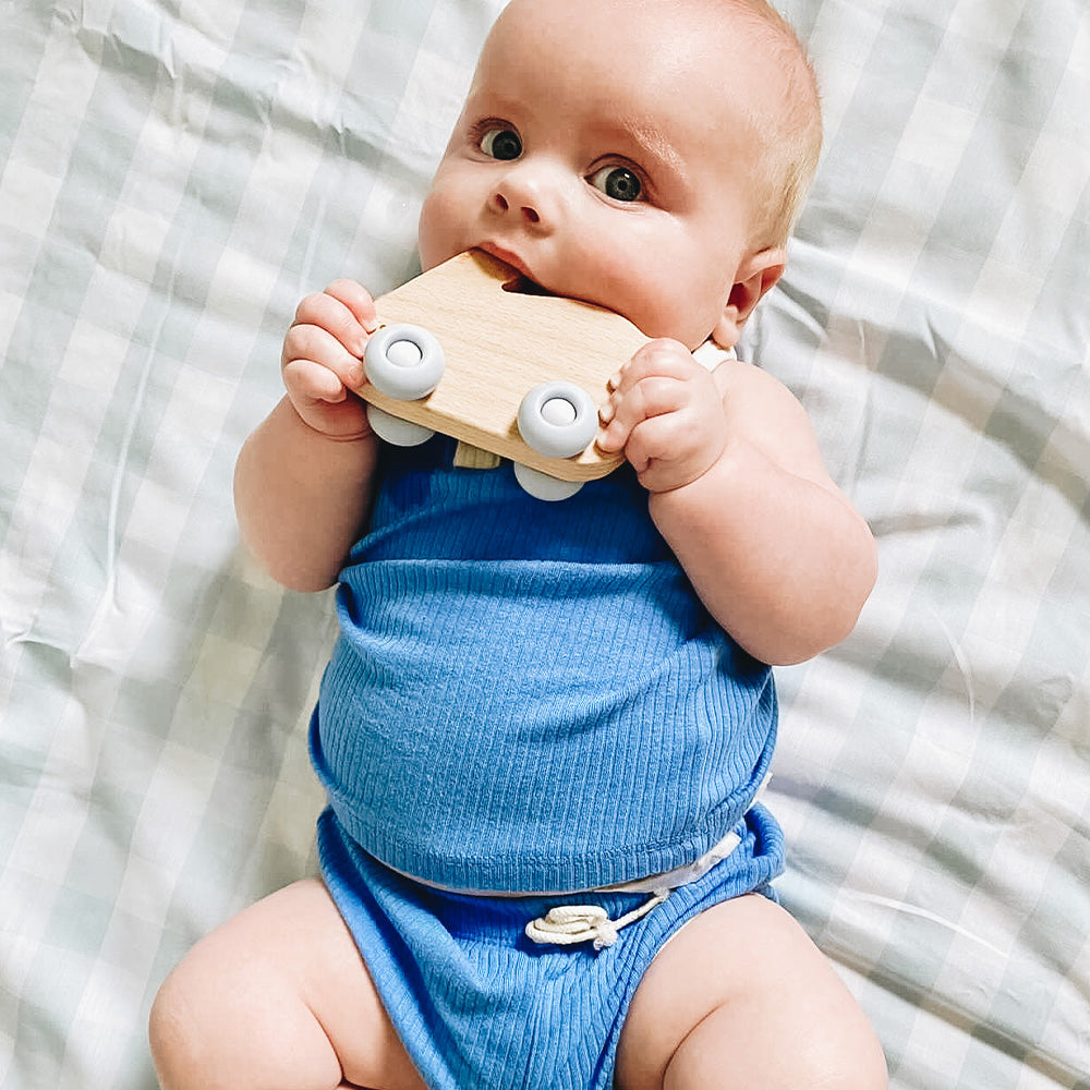 Blue Bunny on Wheels Silicone + Wood Teether
