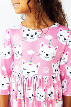 Unicorn Kitties 3/4 Sleeve Pocket Twirl Dress
