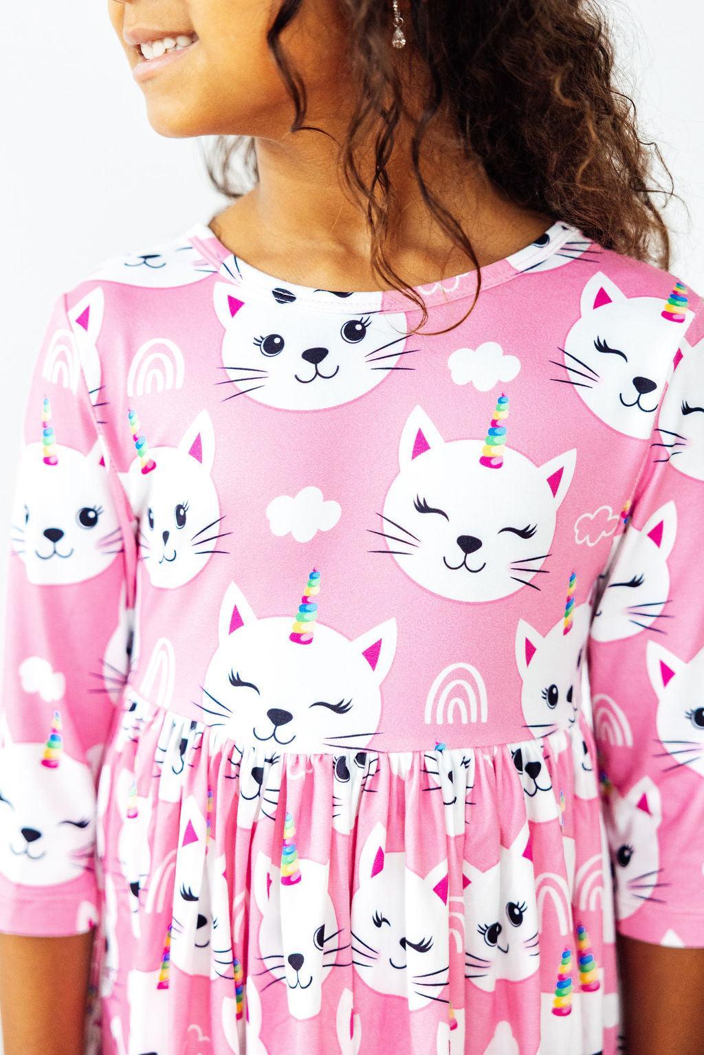 Unicorn Kitties 3/4 Sleeve Pocket Twirl Dress