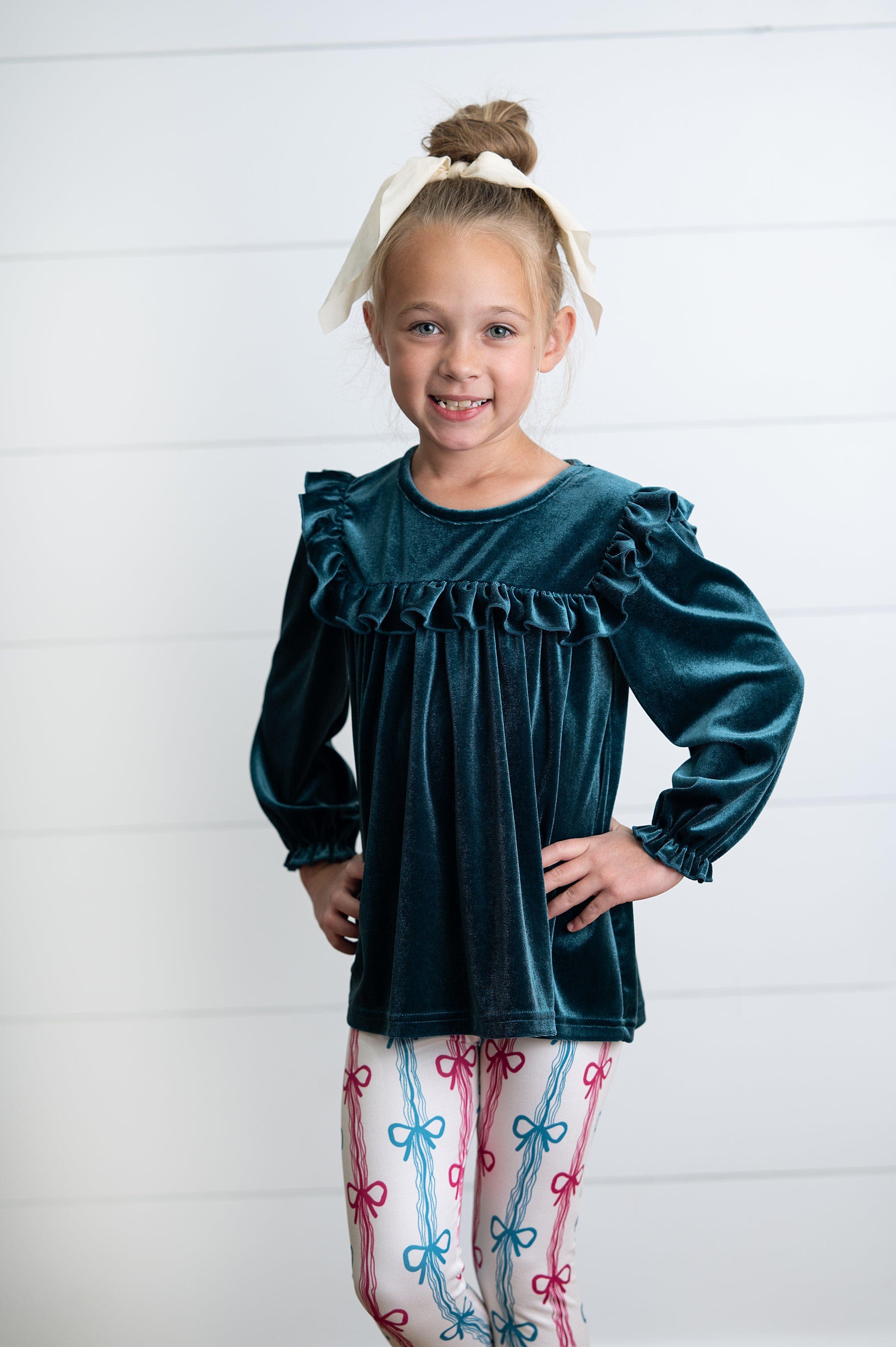 Velvet Teal Coquette Bow Pant Set