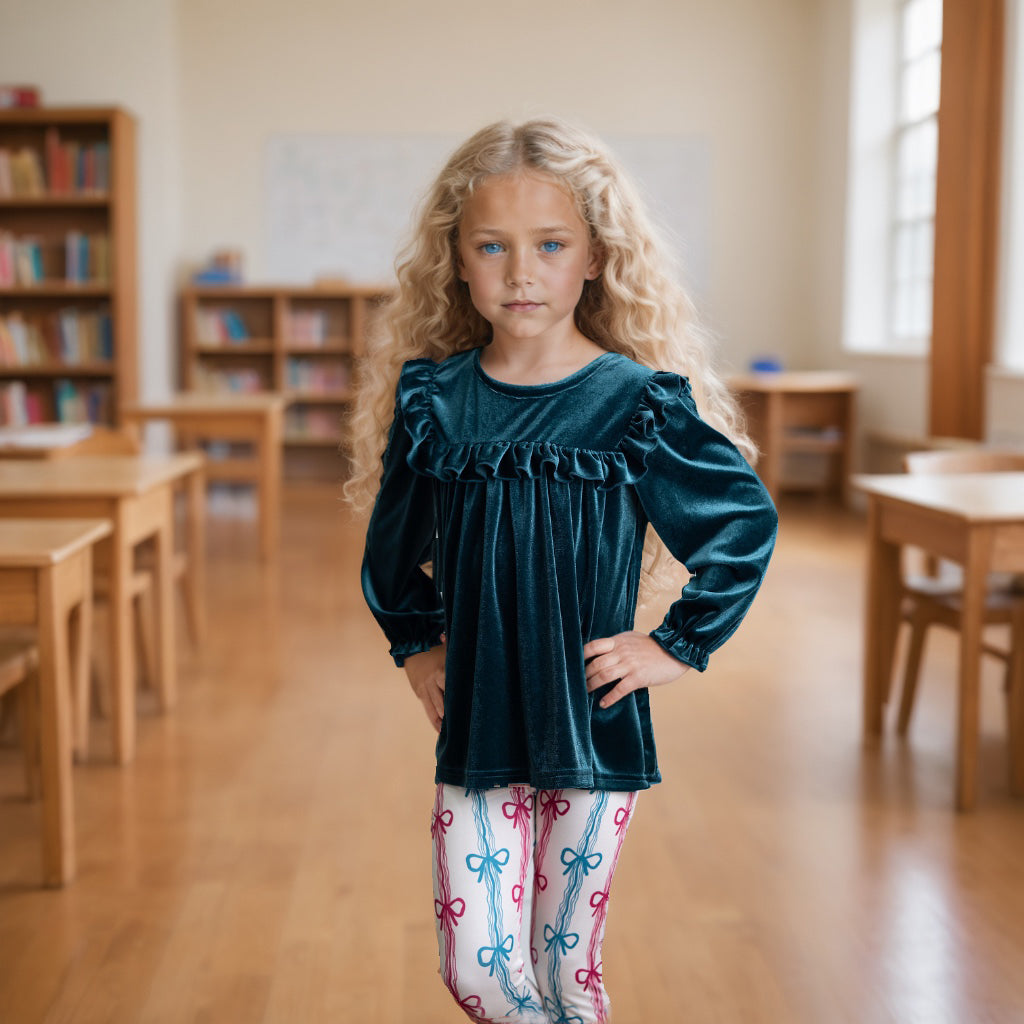 Velvet Teal Coquette Bow Pant Set