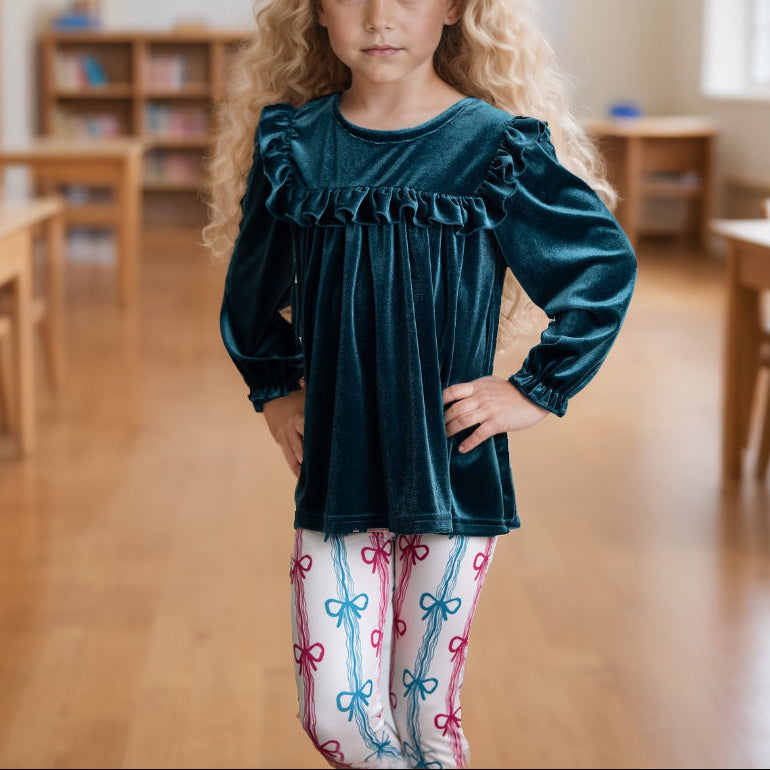 Velvet Teal Coquette Bow Pant Set