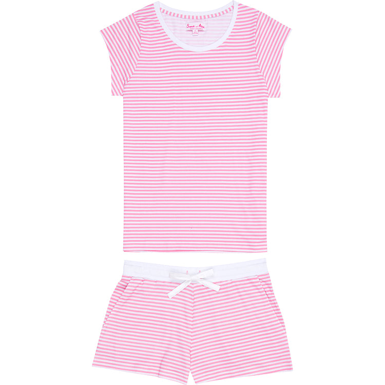 Women's Peony Jersey Short PJ Set - Pink Stripe Organic Stretch Cotton
