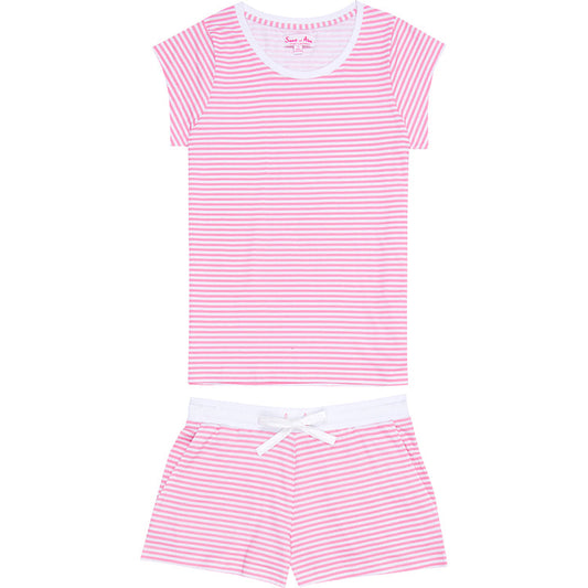 Women's Peony Jersey Short PJ Set - Pink Stripe Organic Stretch Cotton