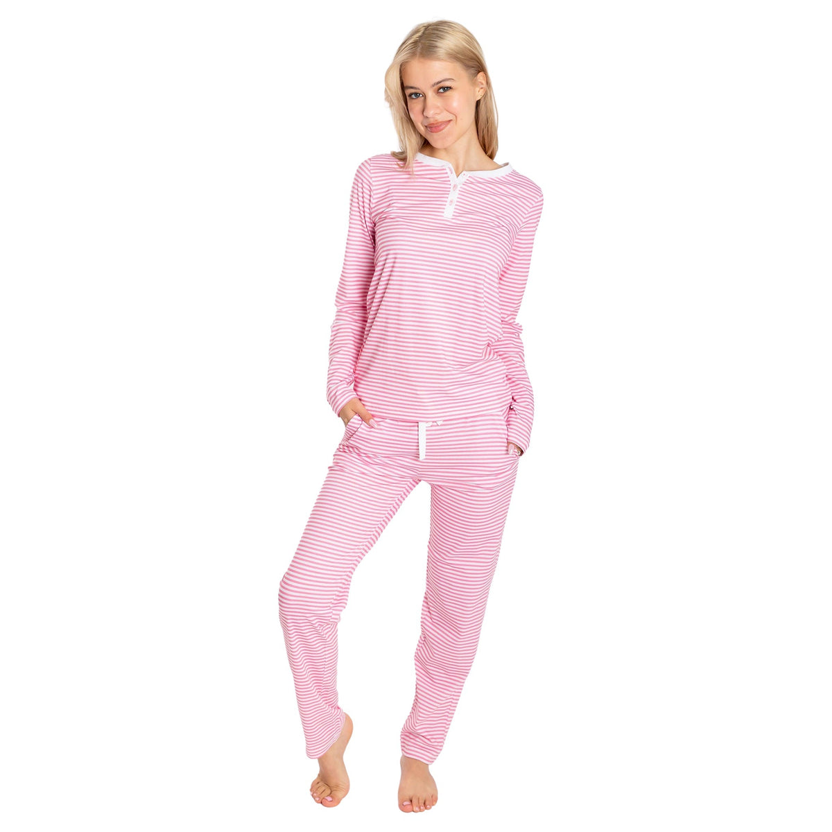 Women's Peony Jersey Long PJ Set - Pink Stripe Organic Stretch Cotton