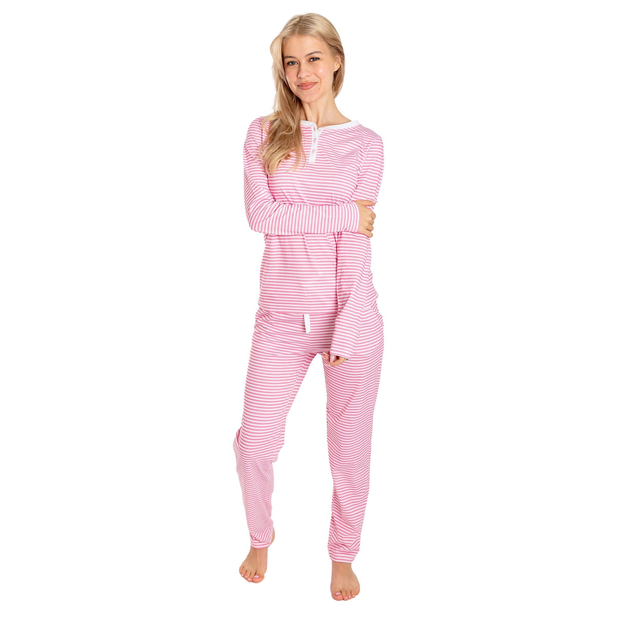 Women's Peony Jersey Long PJ Set - Pink Stripe Organic Stretch Cotton