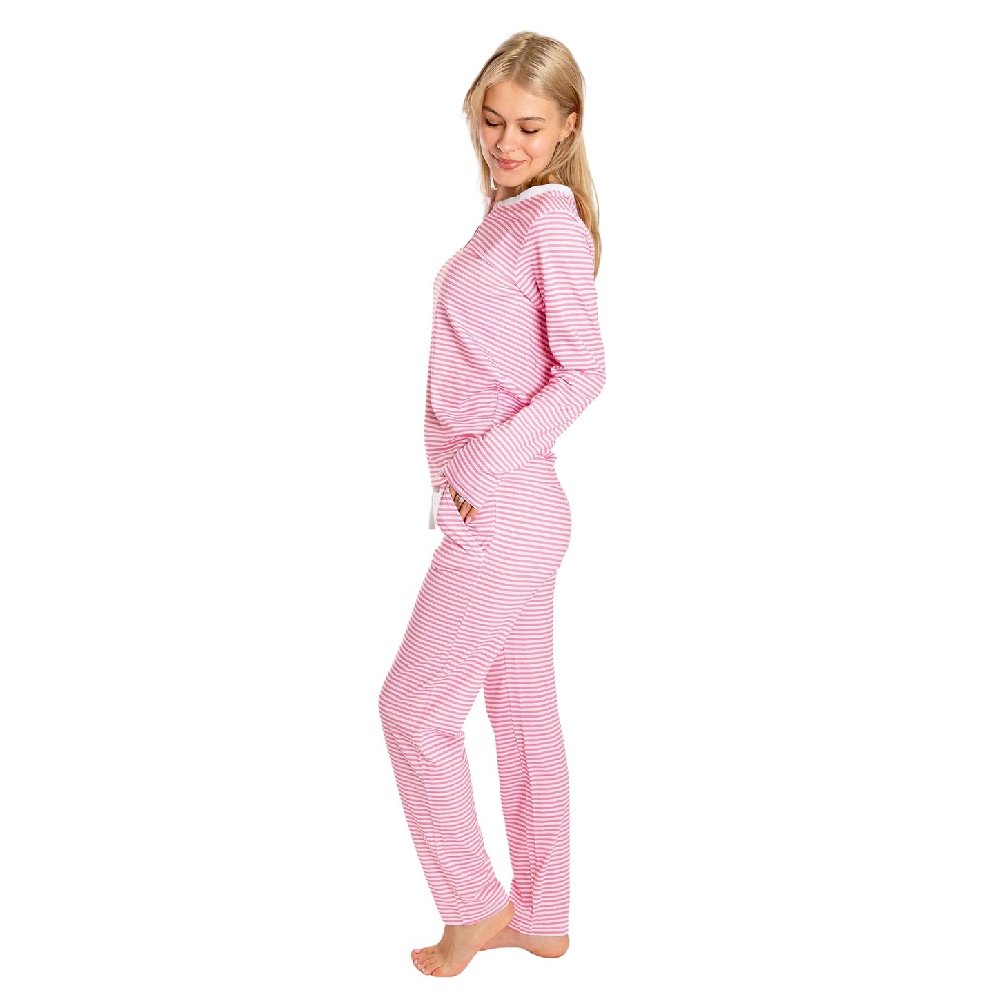 Women's Peony Jersey Long PJ Set - Pink Stripe Organic Stretch Cotton