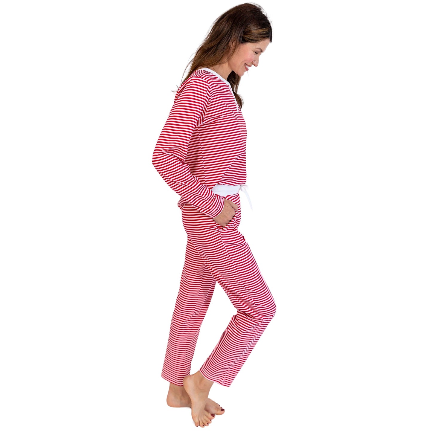 Women's Red Stripe Jersey Long PJ Set - Organic Stretch Cotton