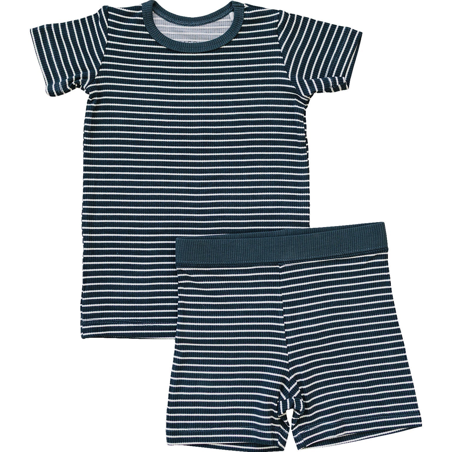 navy stripe ribbed bamboo shirt and shorts set folded flat
