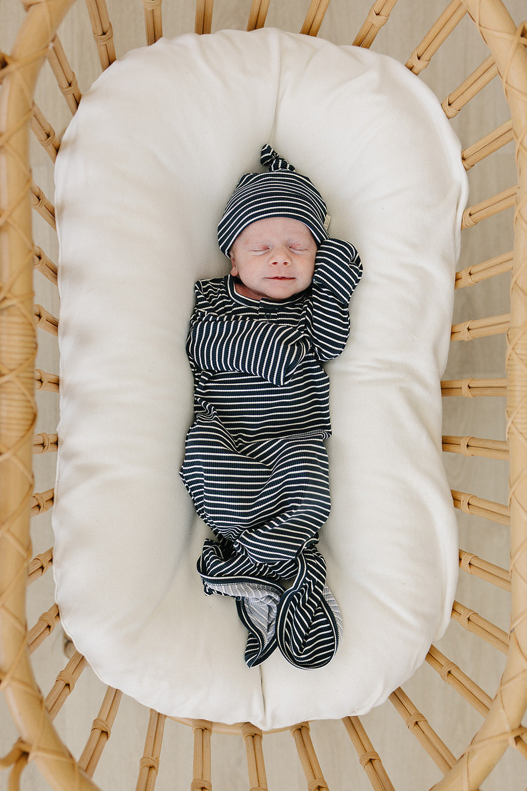 navy striped bamboo knot gown for newborns size 0-3 months