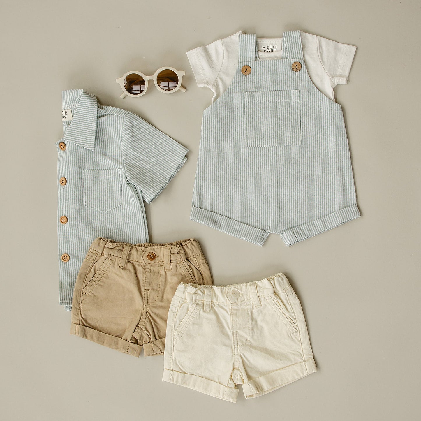 Baby Boy Green Stripe Short Linen Overalls