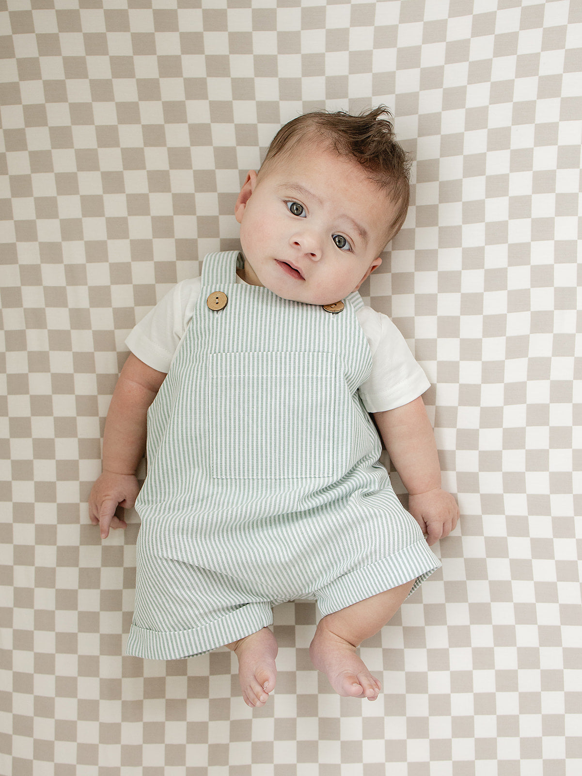 Baby Boy Green Stripe Short Linen Overalls