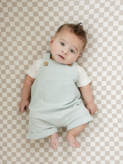 Baby Boy Green Stripe Short Linen Overalls