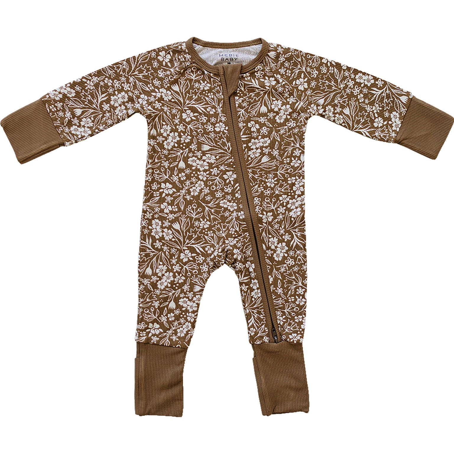 Brown Floral Ribbed Bamboo Zipper Pajamas