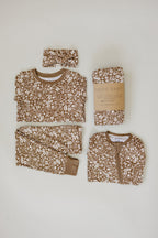 Brown Floral Ribbed Bamboo Zipper Pajamas