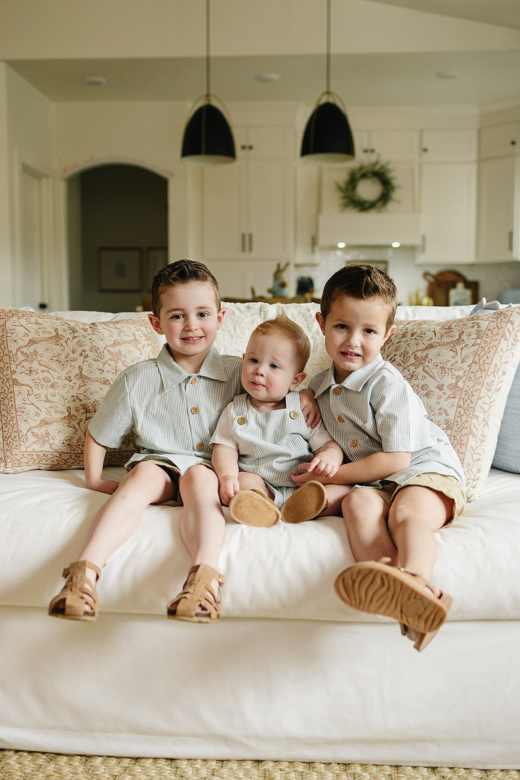 Baby Boy Green Stripe Short Linen Overalls