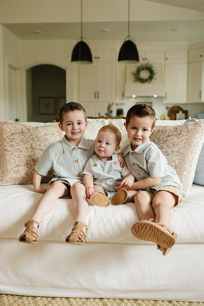 Baby Boy Green Stripe Short Linen Overalls