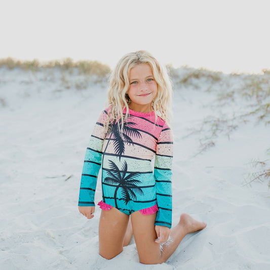Tropical Stripe Palm Zip Rashguard Swimsuit