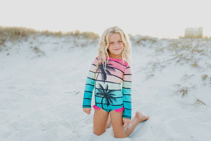 Tropical Stripe Palm Zip Rashguard Swimsuit