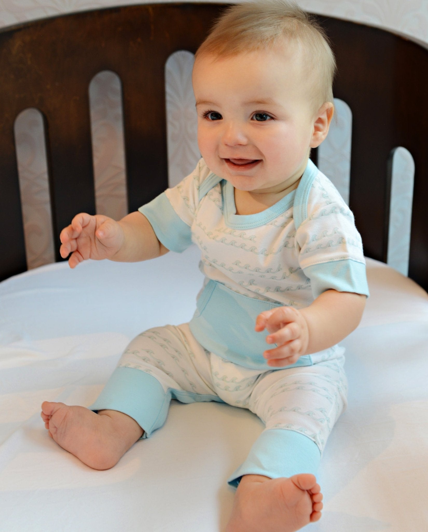 Baby Boy Aqua Wave Kangaroo Pima Cotton Romper - Blissfully Lavender BoutiqueFeather Baby