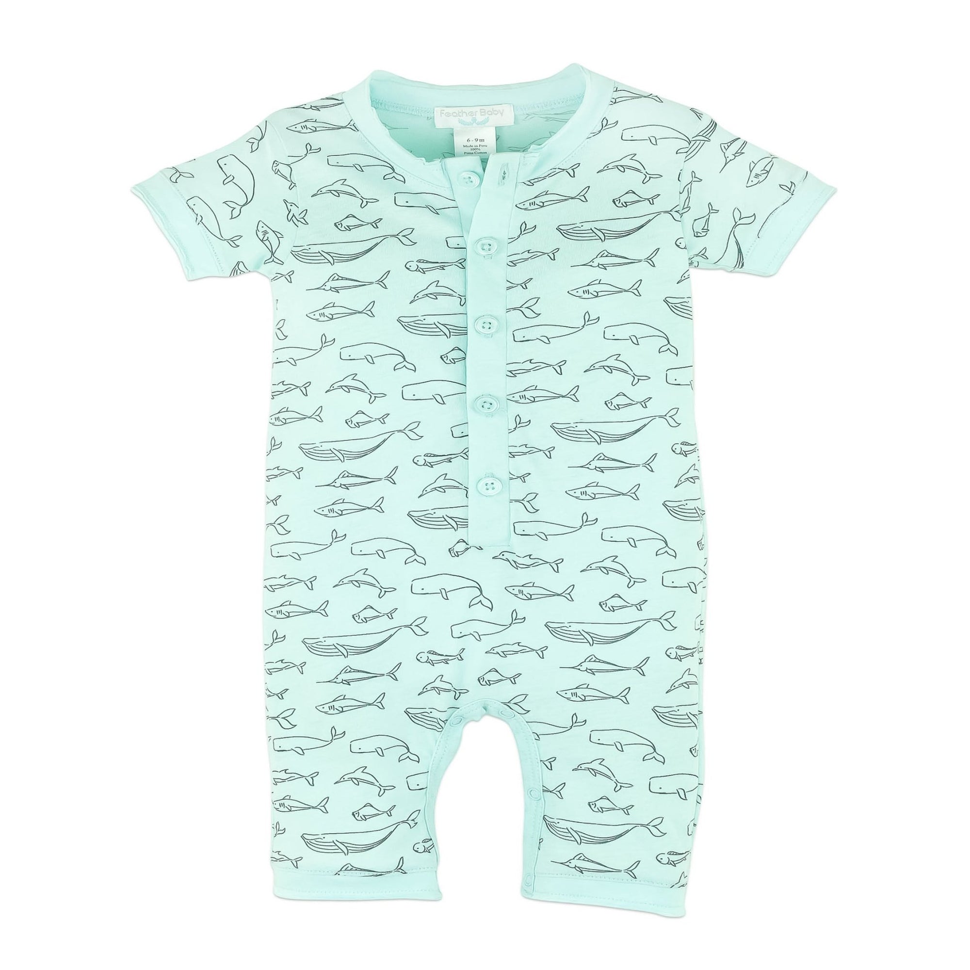 Baby Boy Big Fish on Aqua Pima Cotton Henley Romper - Blissfully Lavender BoutiqueFeather Baby