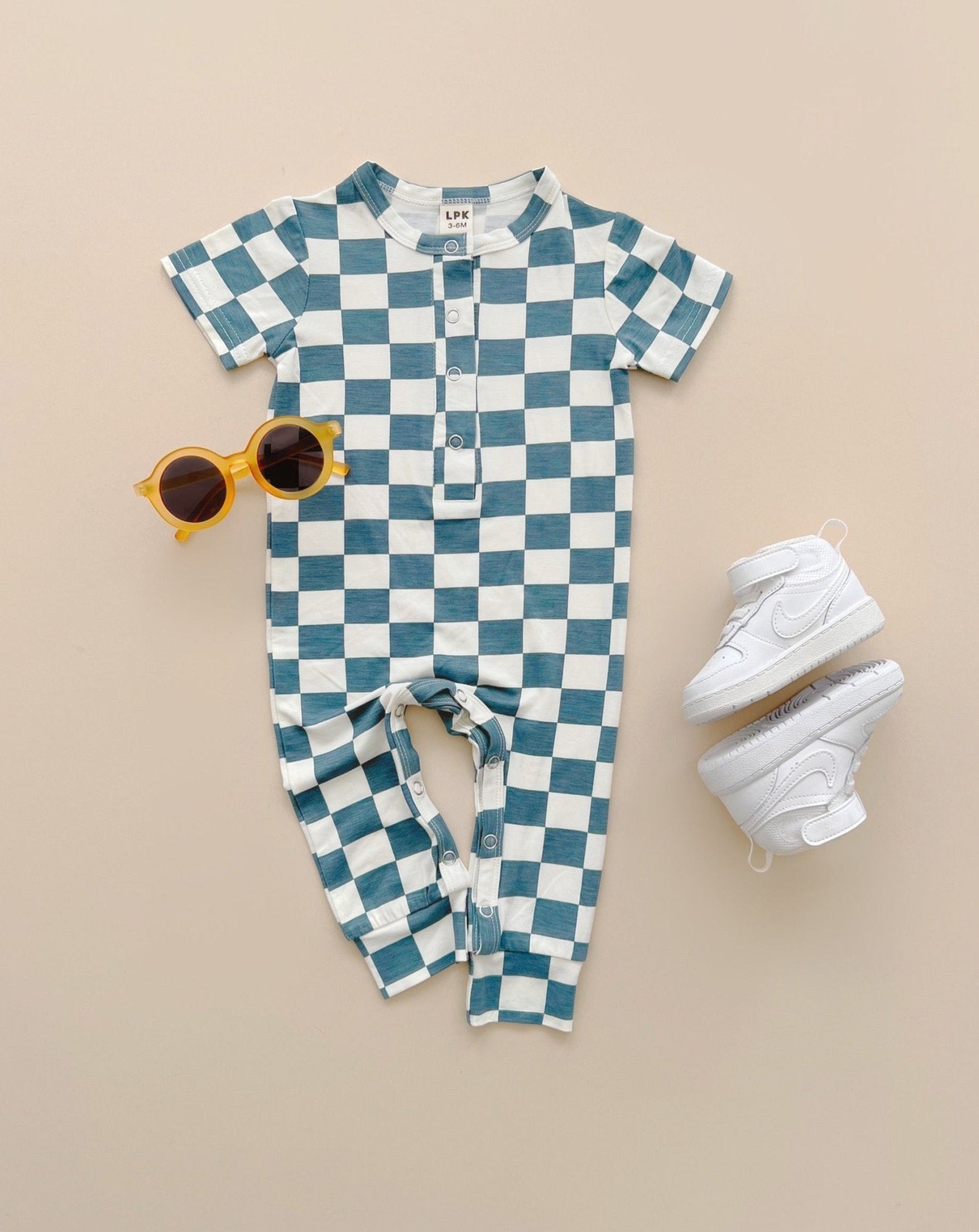 Baby Boy Blue Bamboo Checkered Jumpsuit - Blissfully Lavender BoutiqueLUCKY PANDA KIDS
