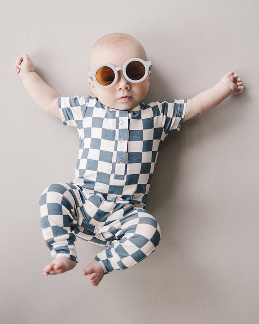 Baby Boy Blue Bamboo Checkered Jumpsuit - Blissfully Lavender BoutiqueLUCKY PANDA KIDS