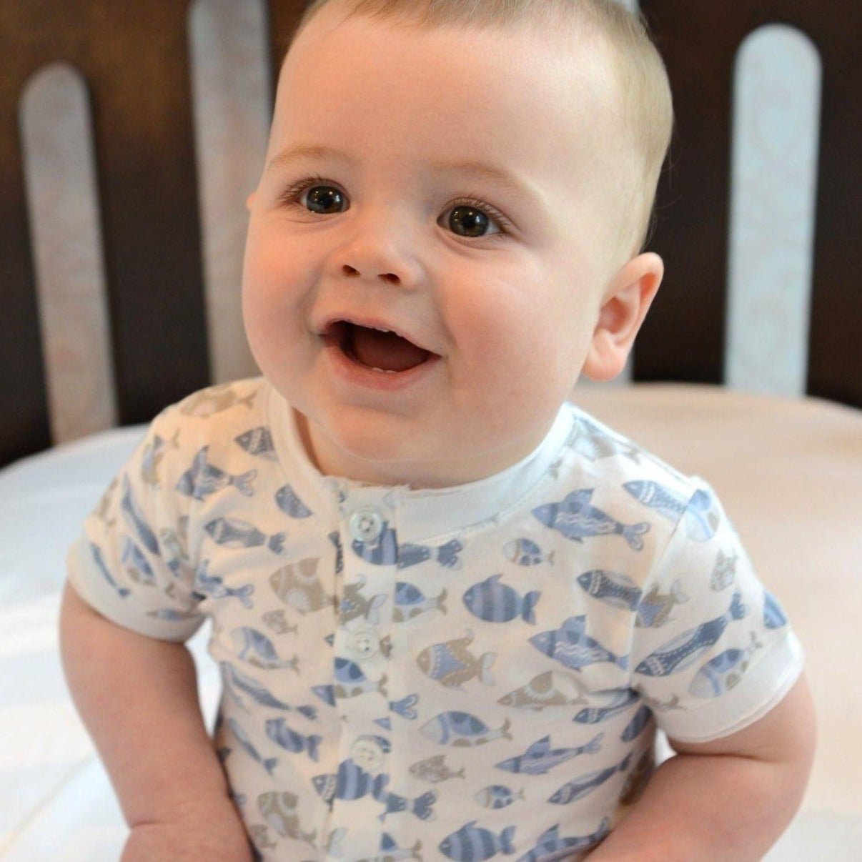 Baby Boy Skinny Fish Pima Cotton Henley Romper - Blissfully Lavender BoutiqueFeather Baby