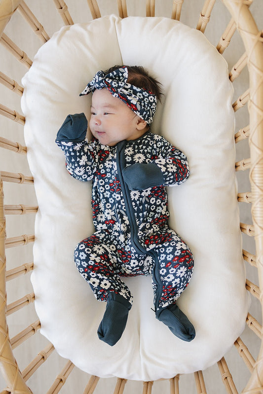 Baby Girl Americana Floral Ribbed Bamboo Zipper Pajama - Blissfully Lavender BoutiqueMebie Baby
